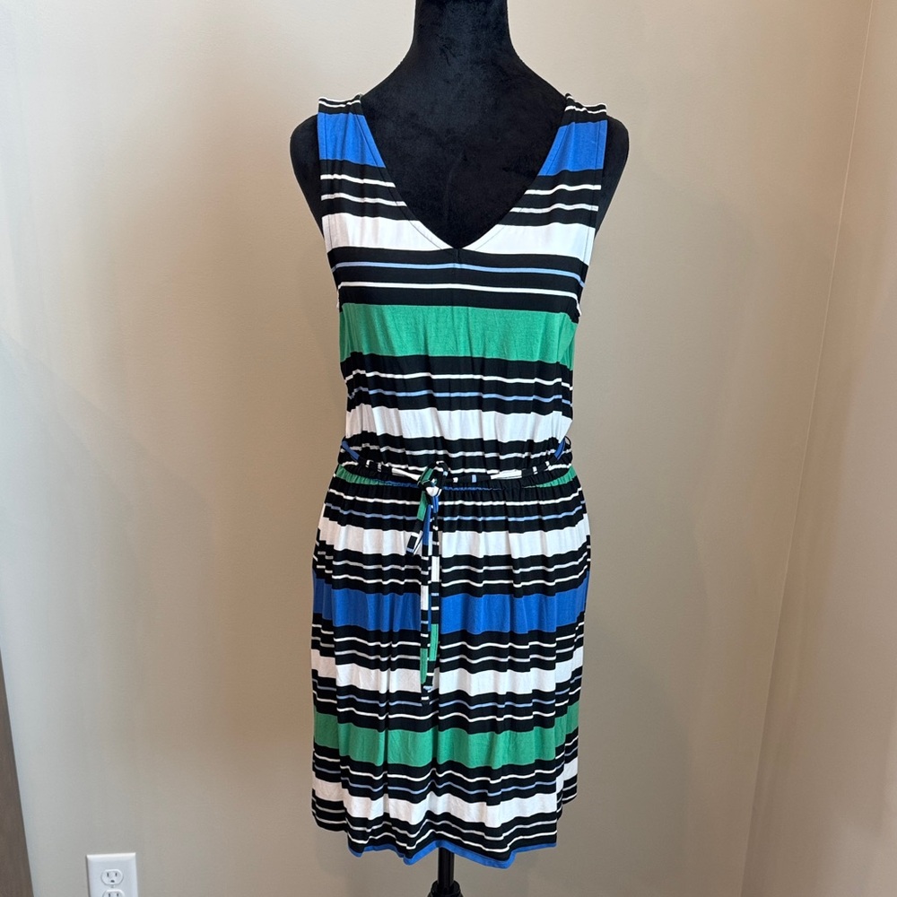Merona Striped Cinch Waist Dress - Blue, Green, Black, White sz M